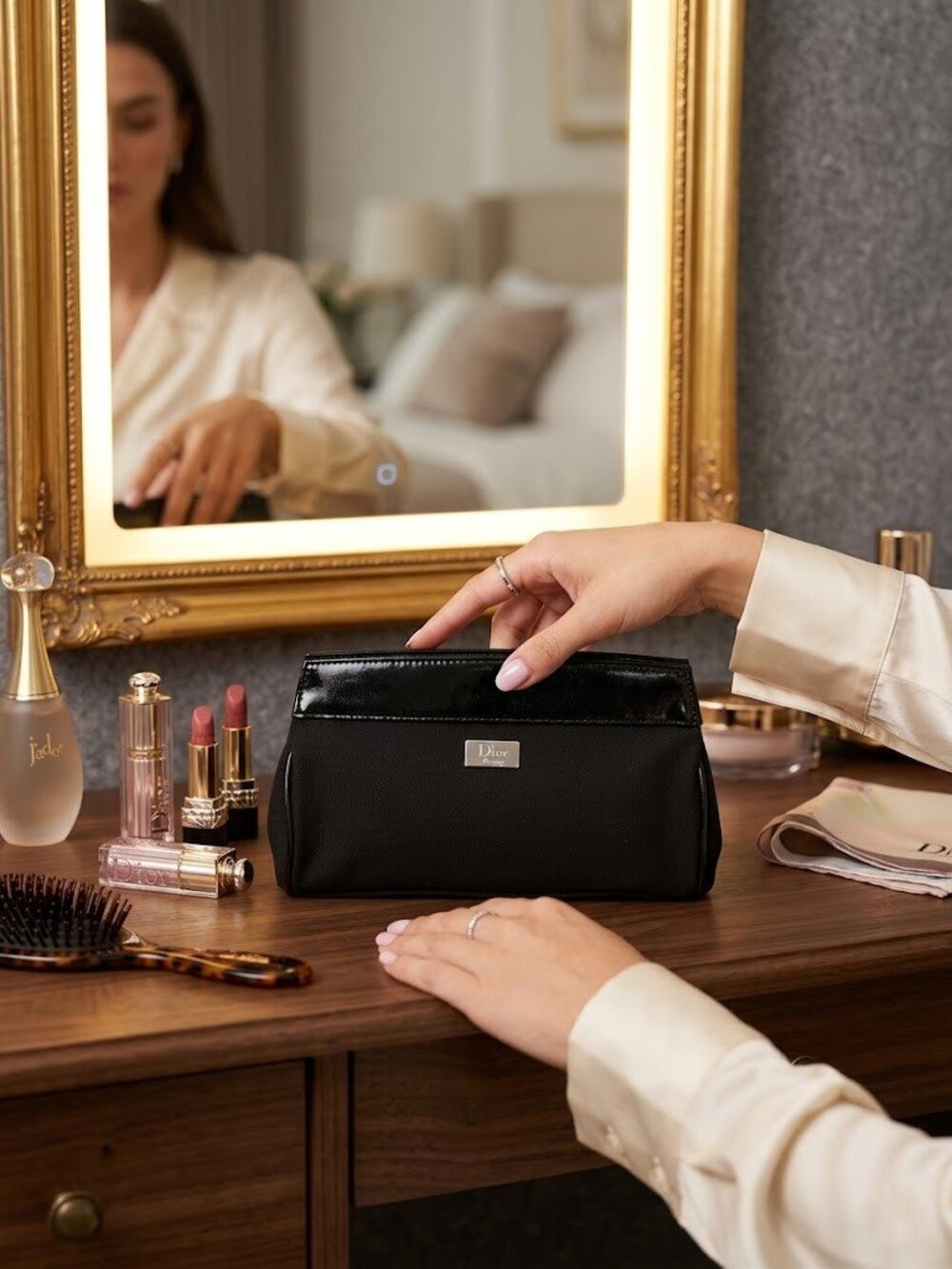 Dior Beauty Black Faux Leather Textile Snap Closure Cosmetic Makeup Bag